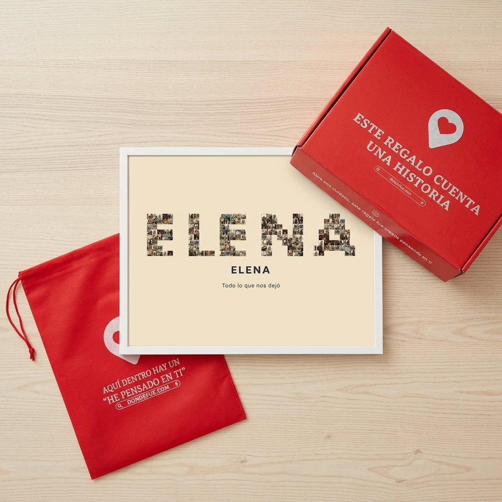 Cuadro nombre con fotos personalizado en memoria de un ser querido junto a la caja y la bolsa de regalo de Donde Fue