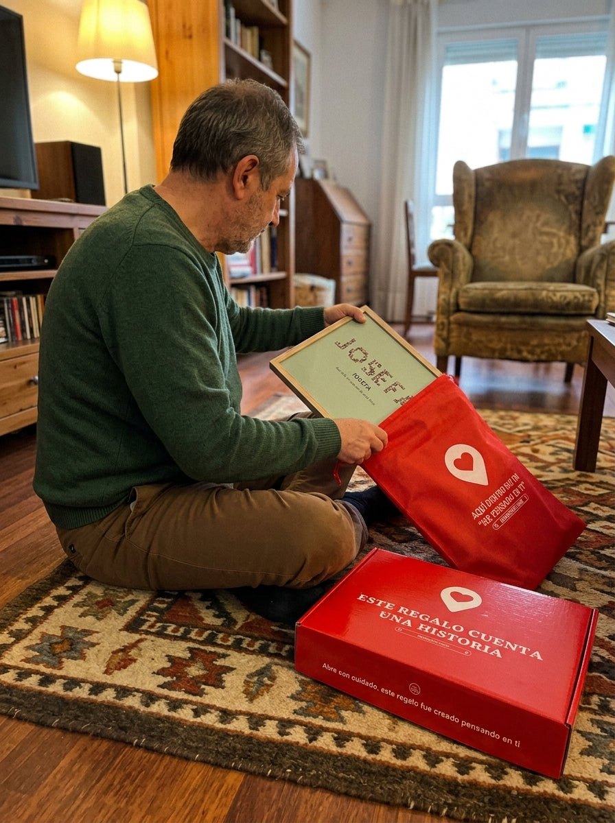Sacando el cuadro nombre con fotos personalizado en memoria de un ser querido de la bolsa de regalo, con la caja abierta al lado