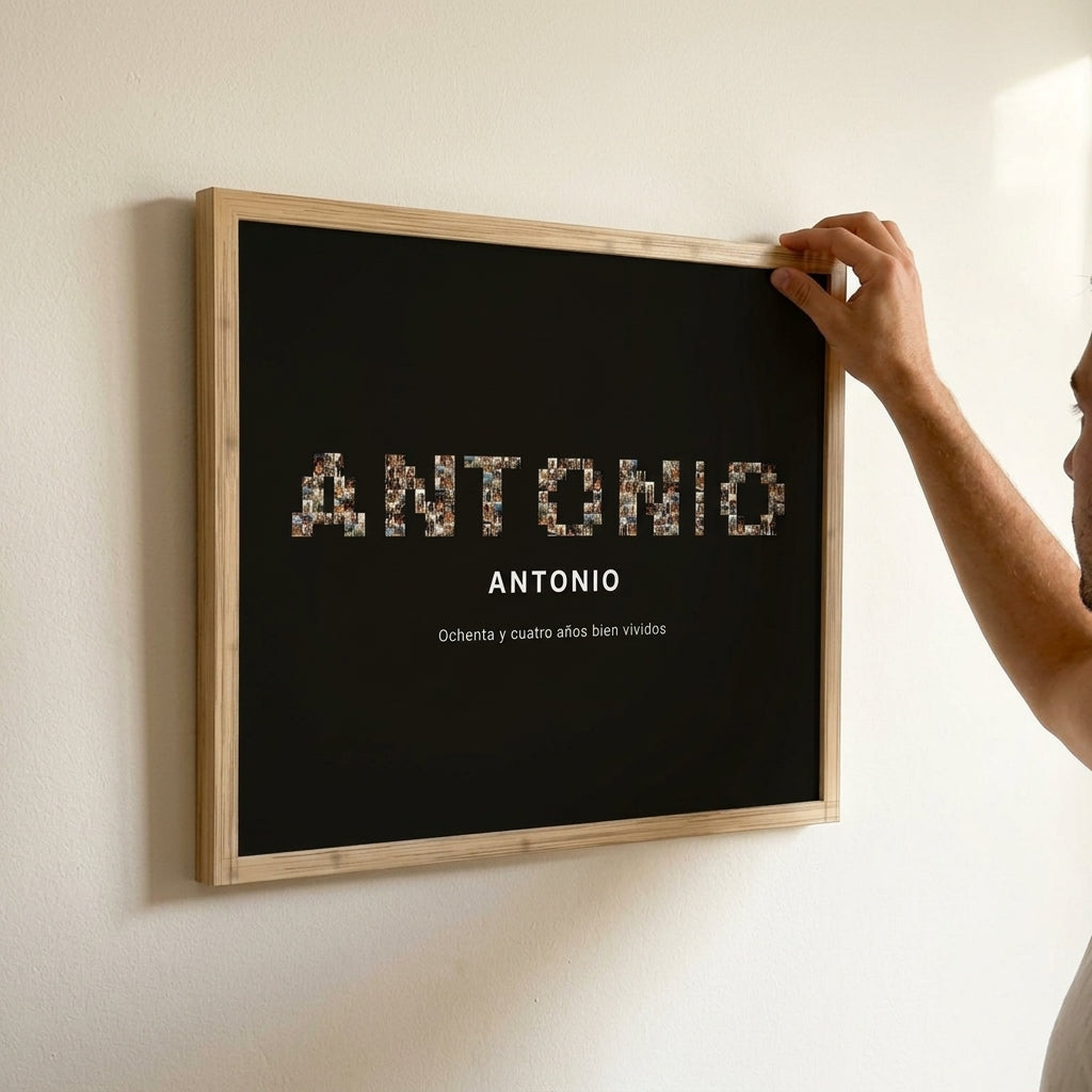 Enderezando el cuadro nombre con fotos personalizado en memoria de un ser querido recién colgado en la pared