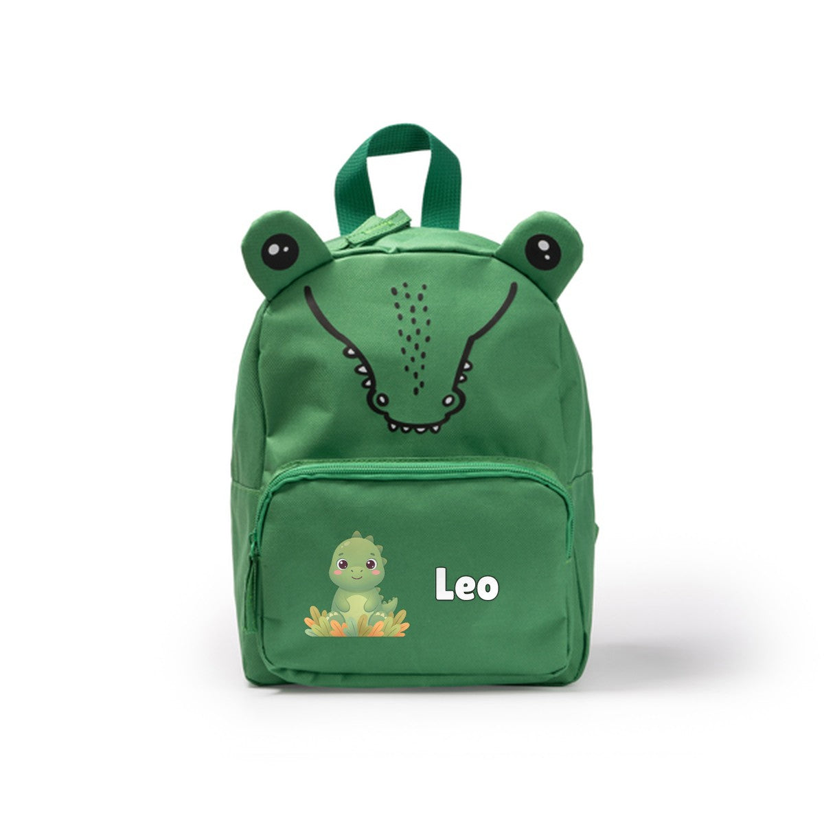 Mochila infantil cocodrilo verde personalizada con su dibujo y su nombre en el bolsillo
