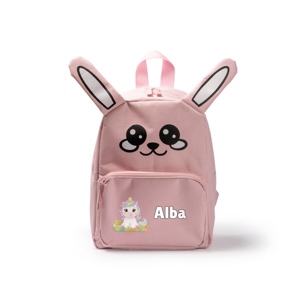 Mochila infantil conejo rosa personalizada con su dibujo y su nombre en el bolsillo