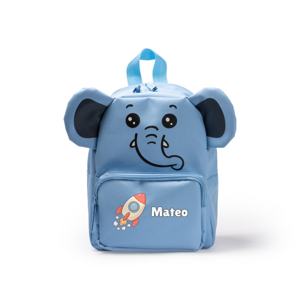 Mochila infantil elefante azul personalizada con su dibujo y su nombre en el bolsillo