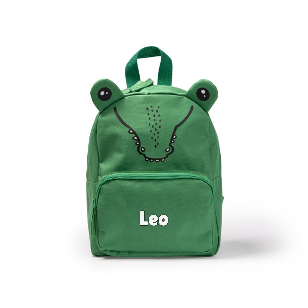Mochila infantil cocodrilo verde personalizada con su nombre en el bolsillo