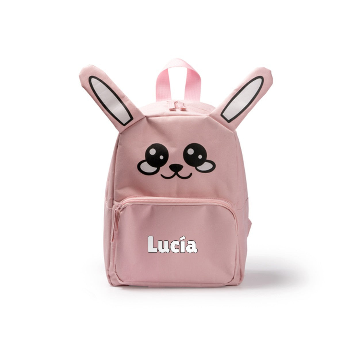 Mochila infantil conejo rosa personalizada con su nombre en el bolsillo