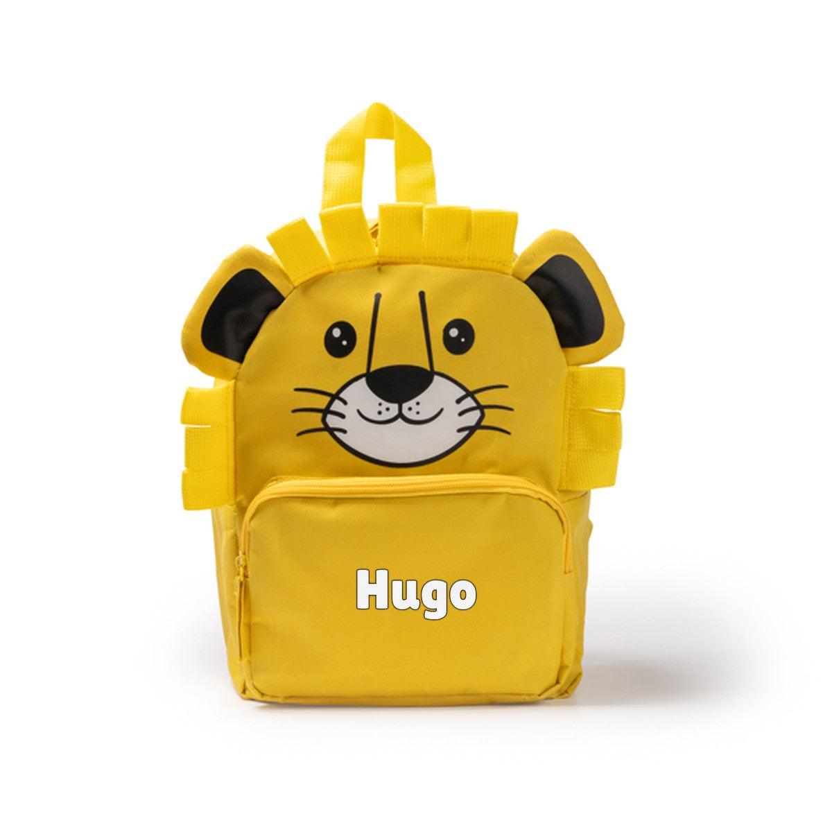 Mochila infantil león amarillo personalizada con su nombre en el bolsillo