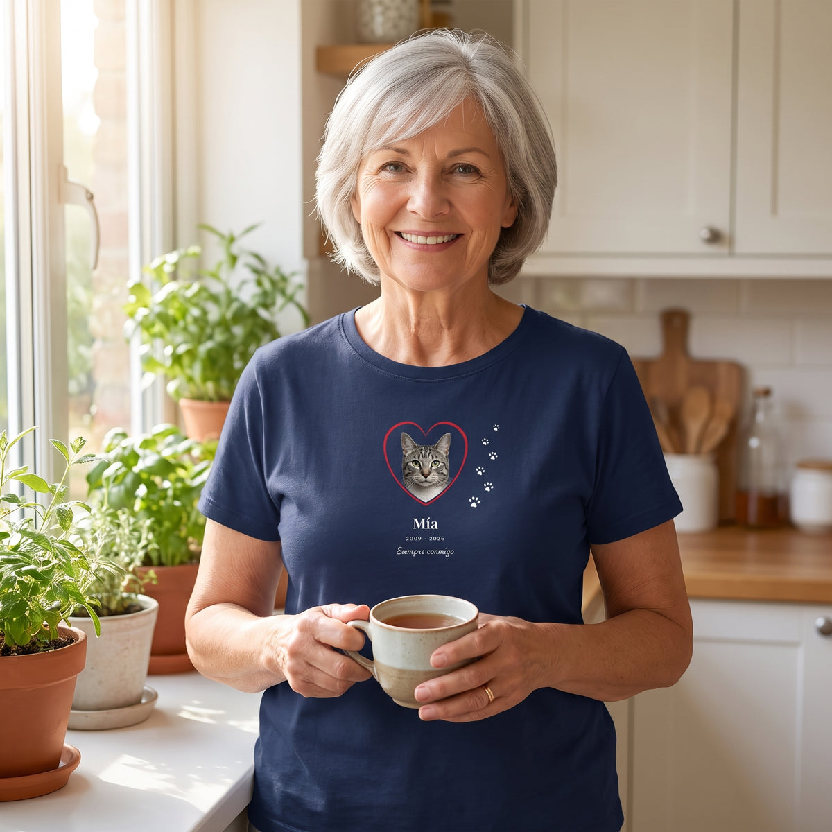 Mujer mayor sonriendo en su cocina con una camiseta azul marino personalizada con la foto de su gata dentro de un corazón y un rastro de huellas, Mía, 2009 – 2026 y «Siempre conmigo»