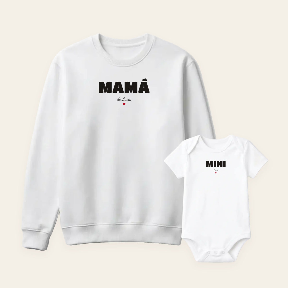 Conjunto de mamá y bebé personalizado: sudadera blanca con «MAMÁ», «de Lucía» y un corazón rojo, y body blanco a juego con «MINI» y «Lucía»