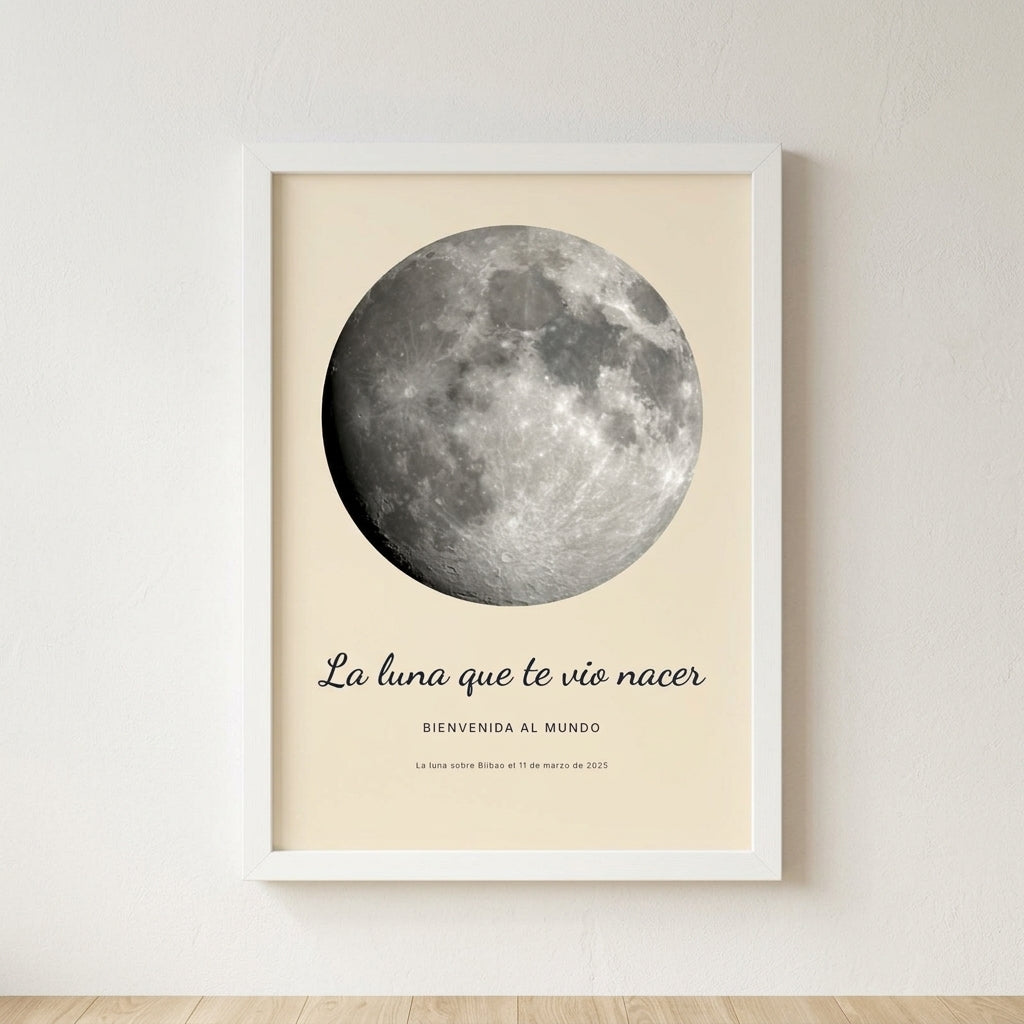 Cuadro fase lunar personalizado de nacimiento con la luna de la noche en que nació, colgado en una pared clara