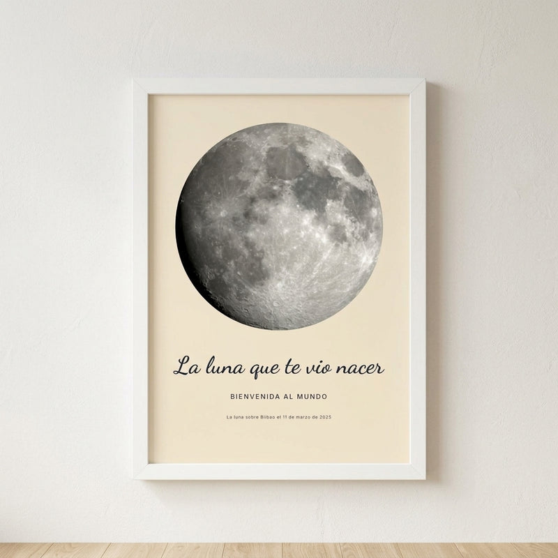 Cuadro fase lunar personalizado de nacimiento con la luna de la noche en que nació, colgado en una pared clara
