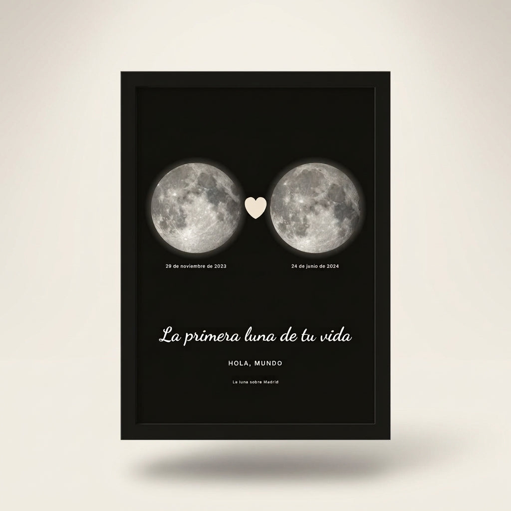 Cuadro fase lunar personalizado de nacimiento con marco negro, foto de estudio sobre fondo neutro
