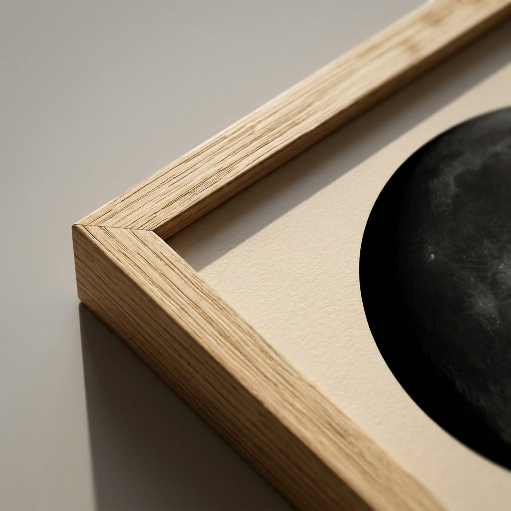 Detalle de la esquina en inglete del marco del cuadro fase lunar personalizado de nacimiento