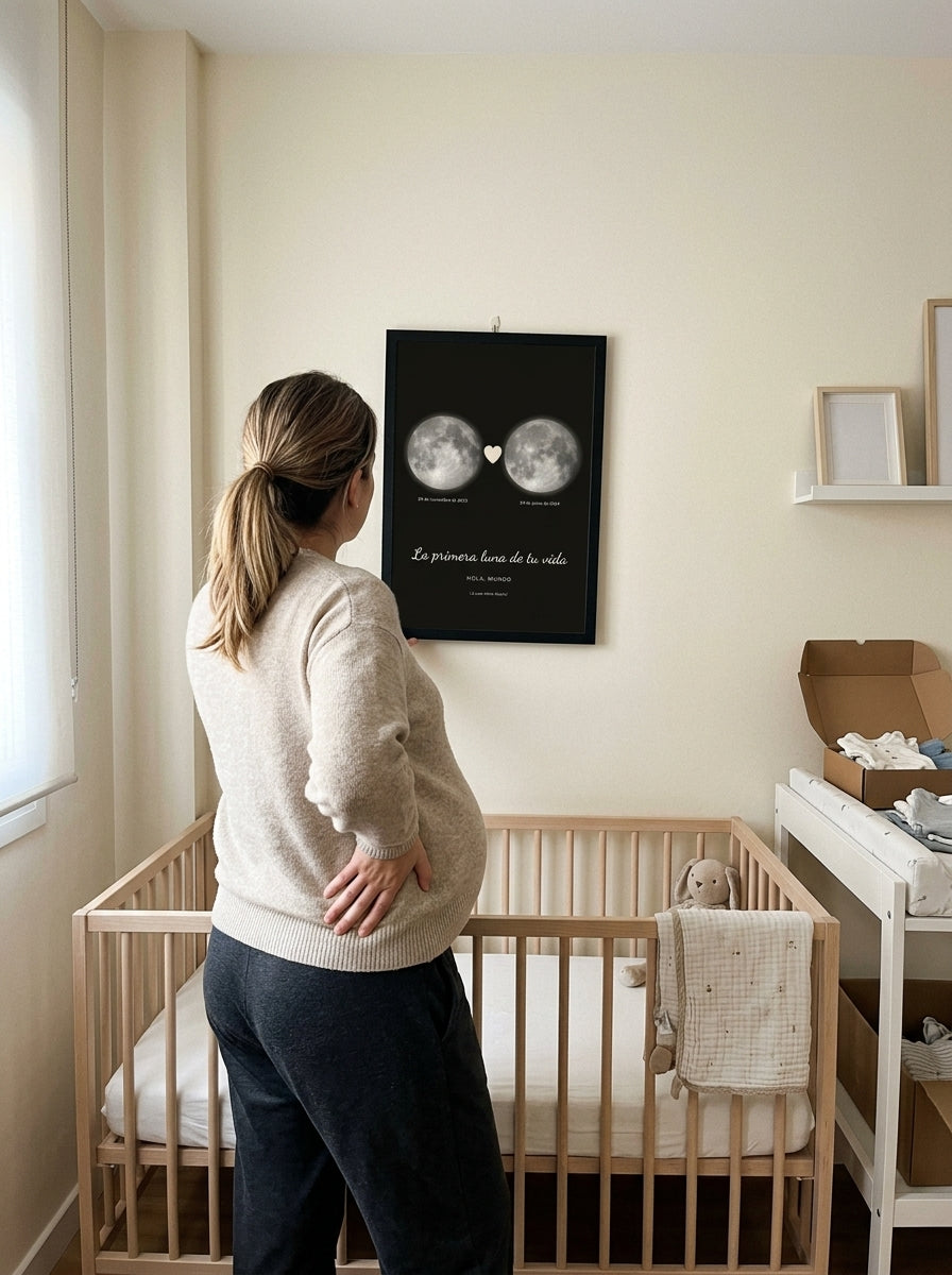 Colgando el cuadro fase lunar personalizado de nacimiento en la pared de casa