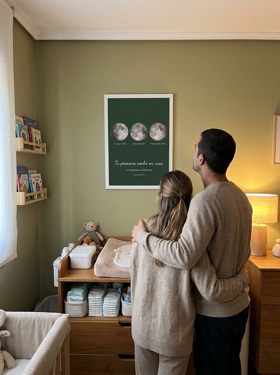 Unos padres primerizos mirando el cuadro fase lunar personalizado de nacimiento recién colgado