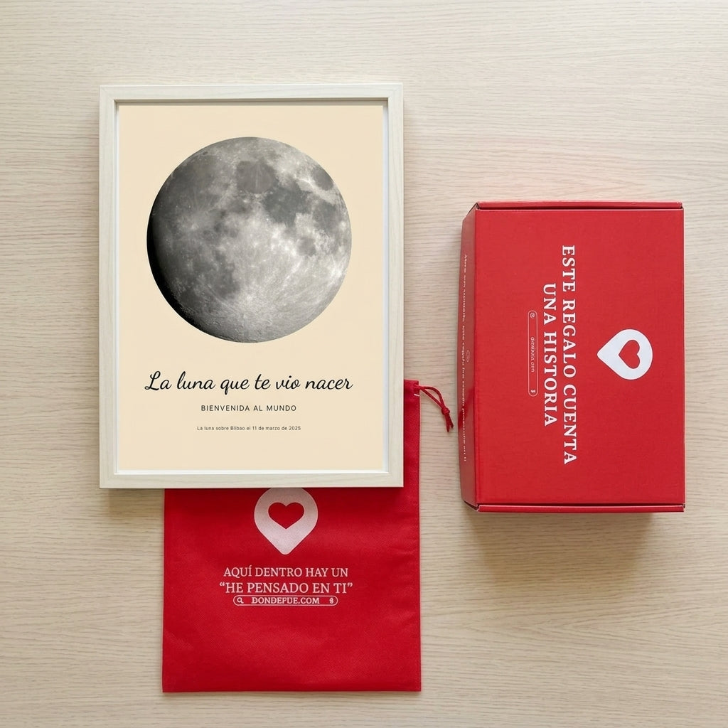 Cuadro fase lunar personalizado de nacimiento junto a la caja y la bolsa de regalo de Donde Fue