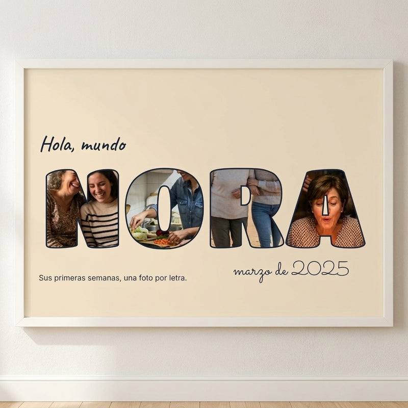 Cuadro letras con fotos personalizado de nacimiento con una foto dentro de cada letra de su nombre, colgado en una pared clara