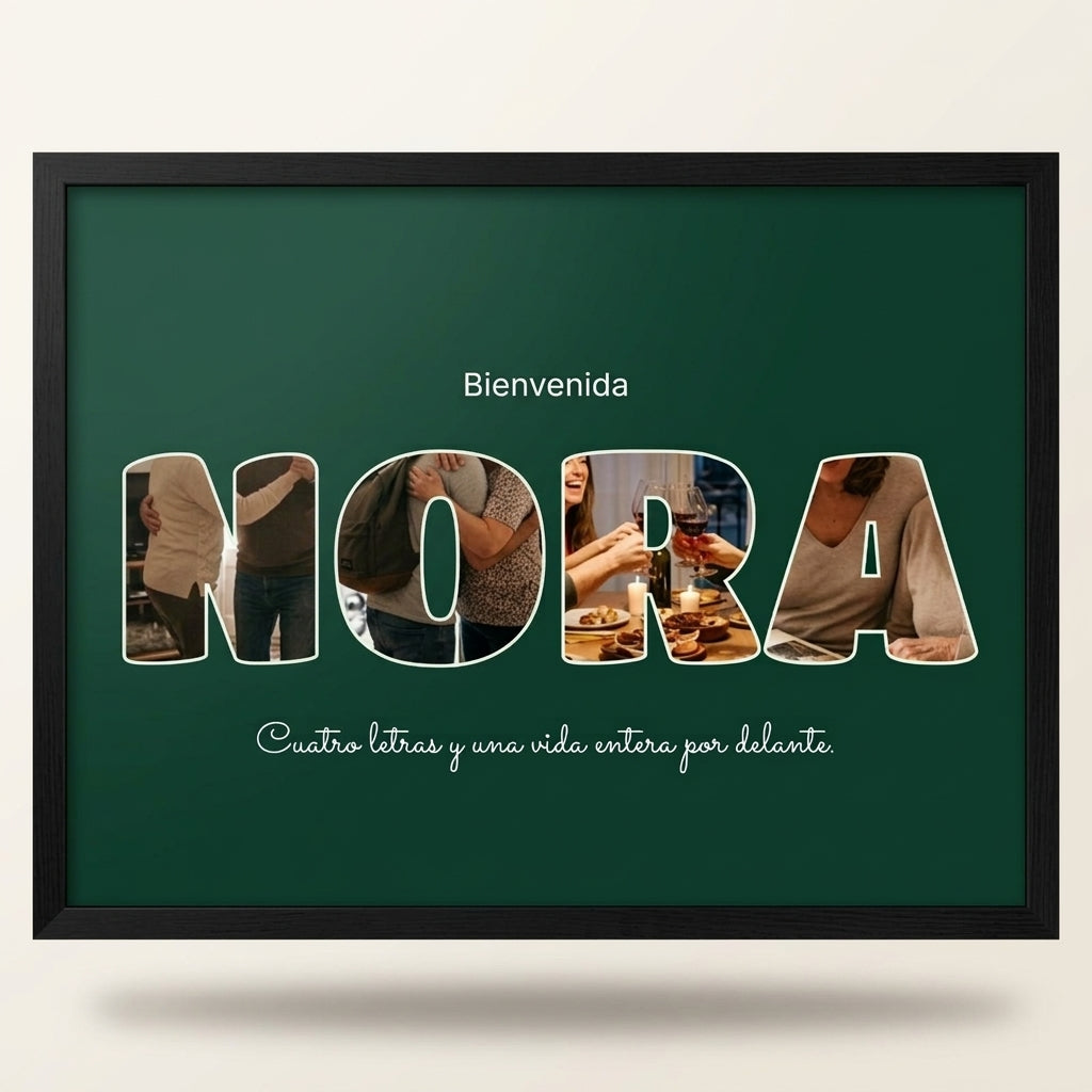 Cuadro letras con fotos personalizado de nacimiento con marco negro, foto de estudio sobre fondo neutro