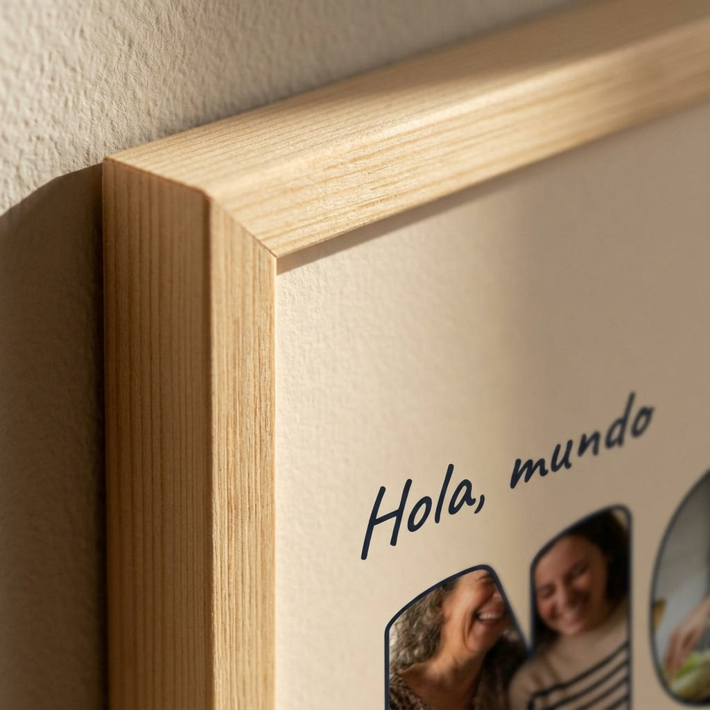 Detalle de la esquina en inglete del marco del cuadro letras con fotos personalizado de nacimiento