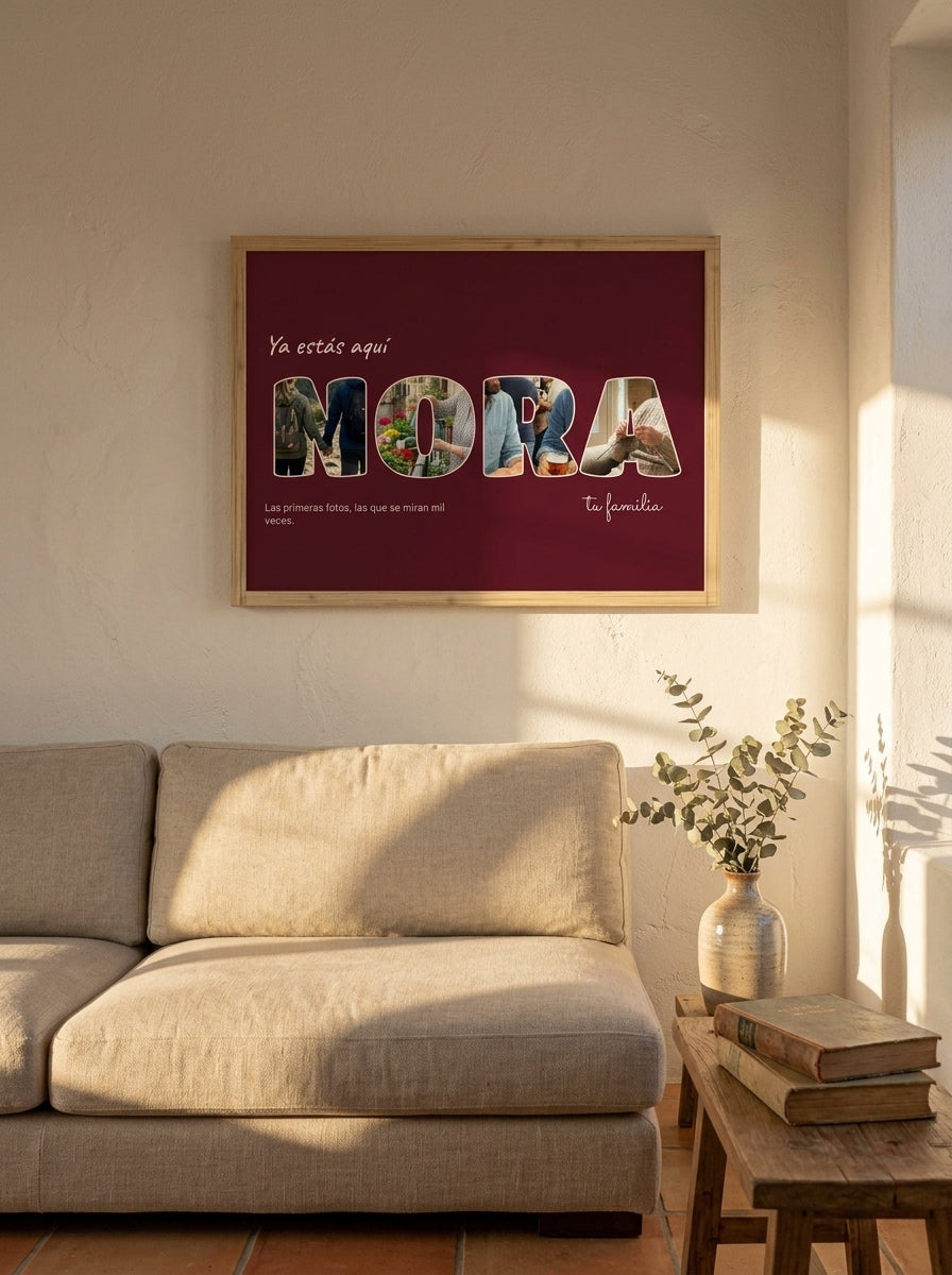 Cuadro letras con fotos personalizado de nacimiento colgado sobre un sofá de lino en un salón cálido