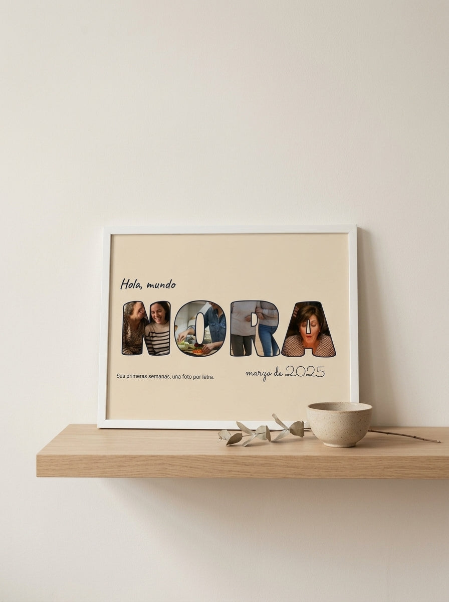 Cuadro letras con fotos personalizado de nacimiento apoyado en una balda de roble junto a una rama seca