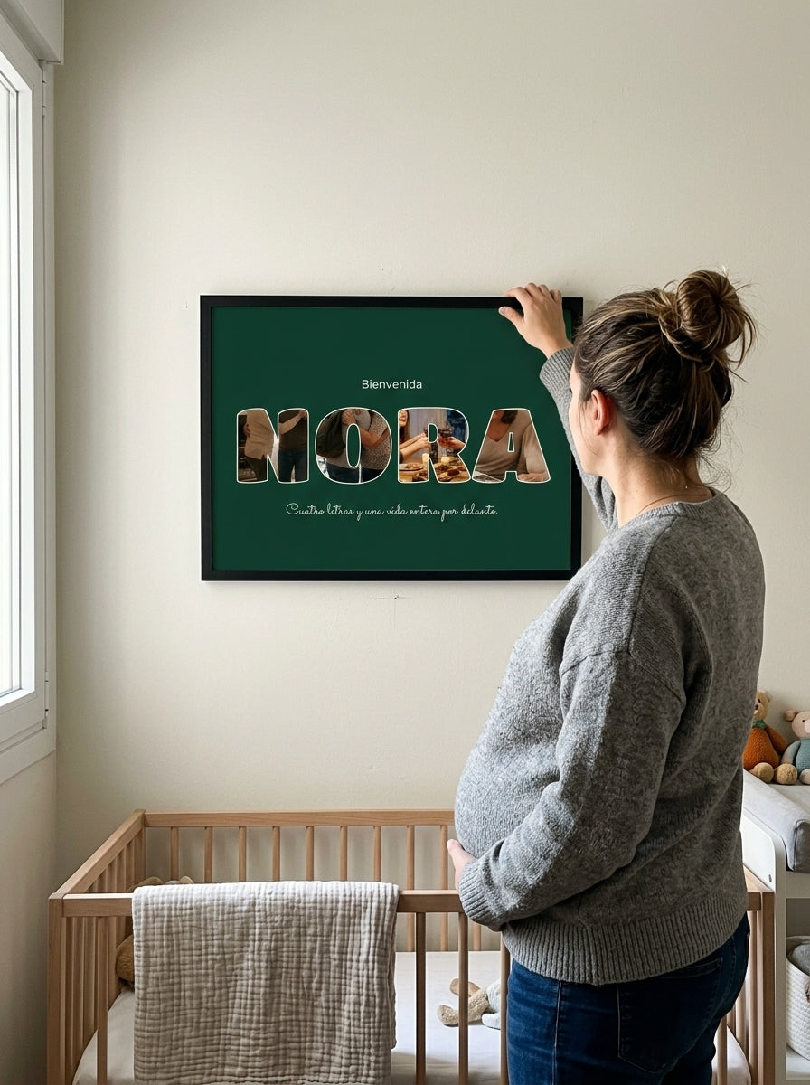 Colgando el cuadro letras con fotos personalizado de nacimiento en la pared de casa