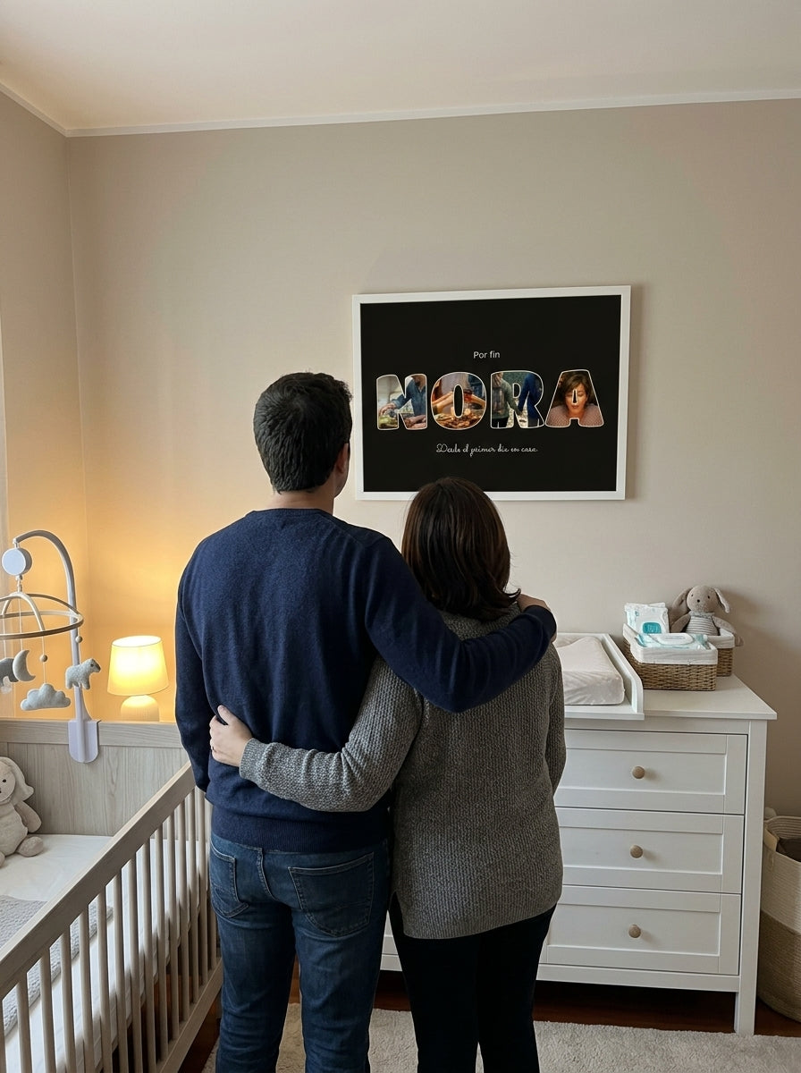 Unos padres primerizos mirando el cuadro letras con fotos personalizado de nacimiento recién colgado