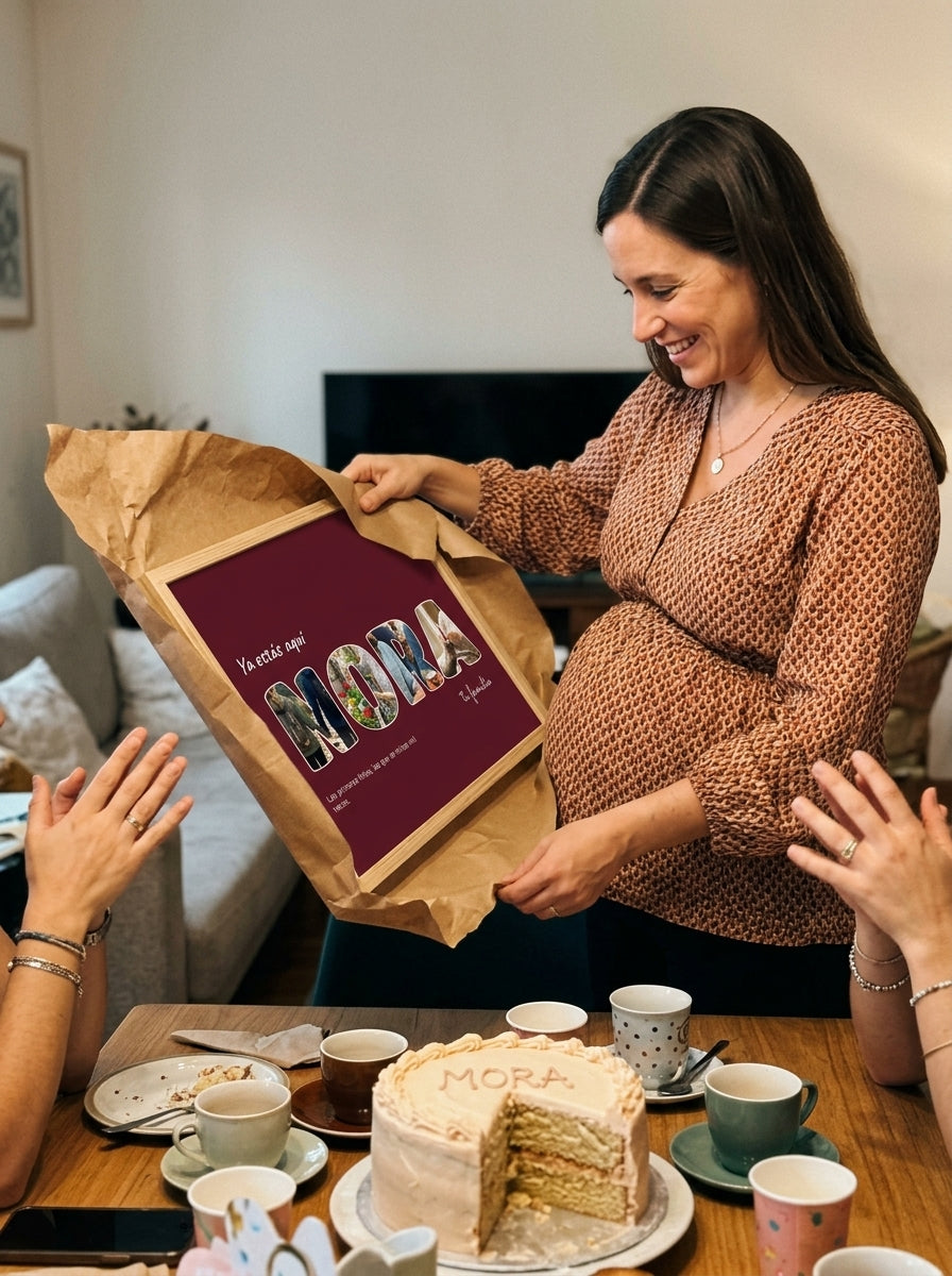 Abriendo el regalo del cuadro letras con fotos personalizado de nacimiento en una comida familiar