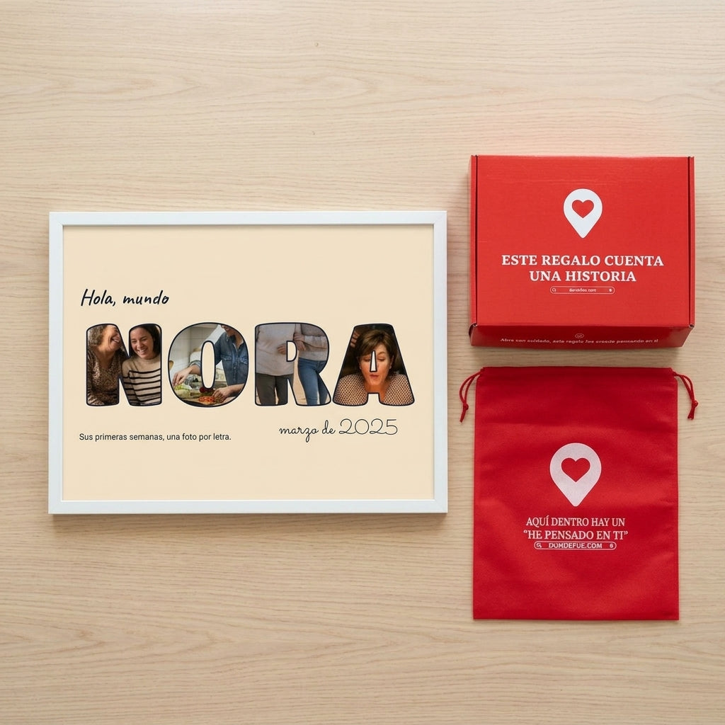 Cuadro letras con fotos personalizado de nacimiento junto a la caja y la bolsa de regalo de Donde Fue
