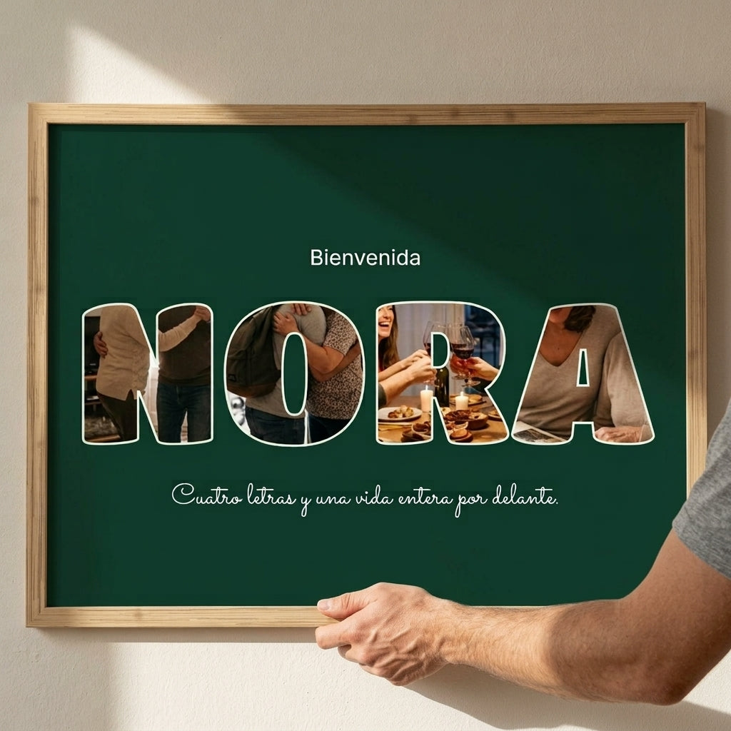 Enderezando el cuadro letras con fotos personalizado de nacimiento recién colgado en la pared