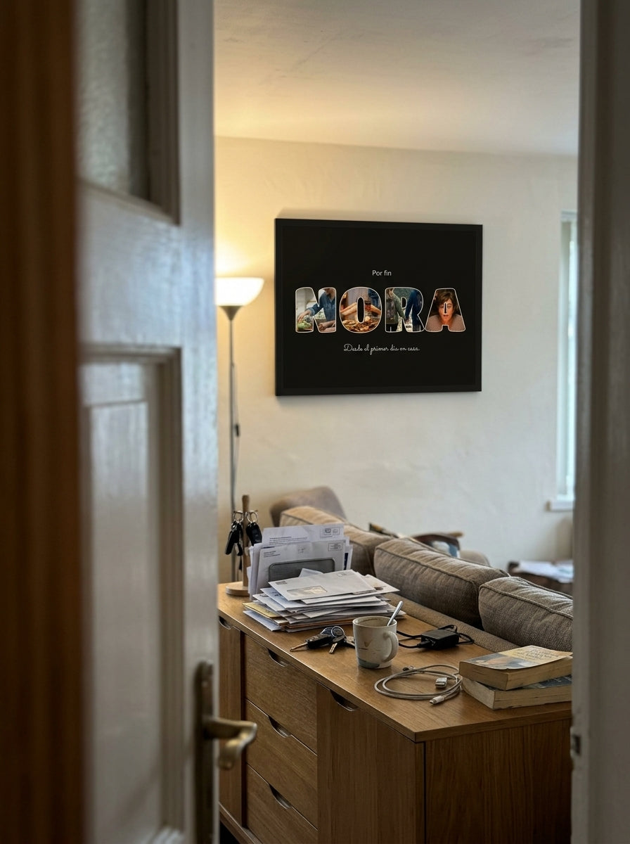 El cuadro letras con fotos personalizado de nacimiento visto desde la puerta del salón