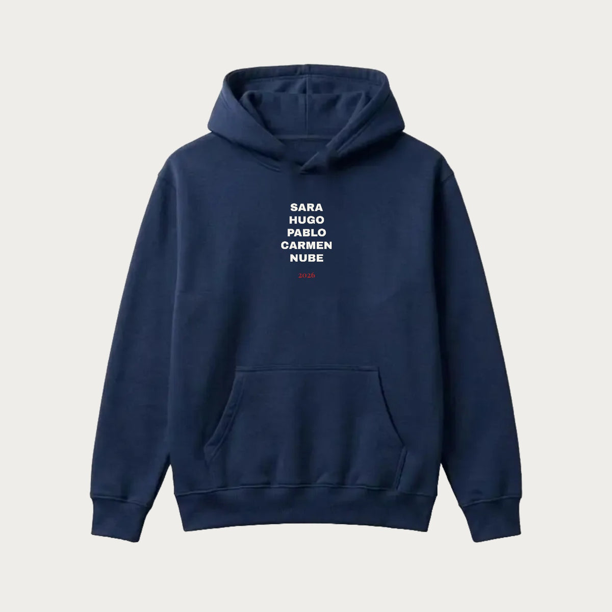 Sudadera con capucha azul marina de Navidad con los nombres de la familia apilados