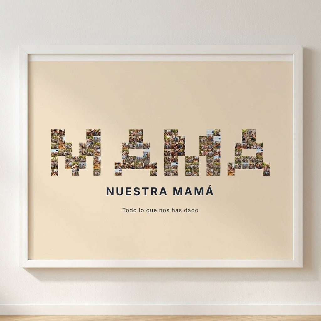 Cuadro nombre con fotos personalizado Día de la Madre con la palabra MAMÁ rellena de fotografías, colgado en una pared clara