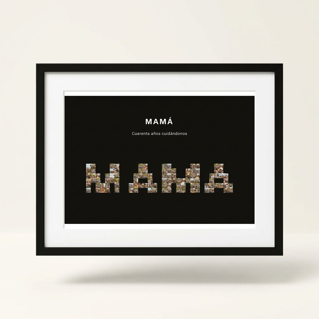 Cuadro nombre con fotos personalizado Día de la Madre con marco negro, foto de estudio sobre fondo neutro