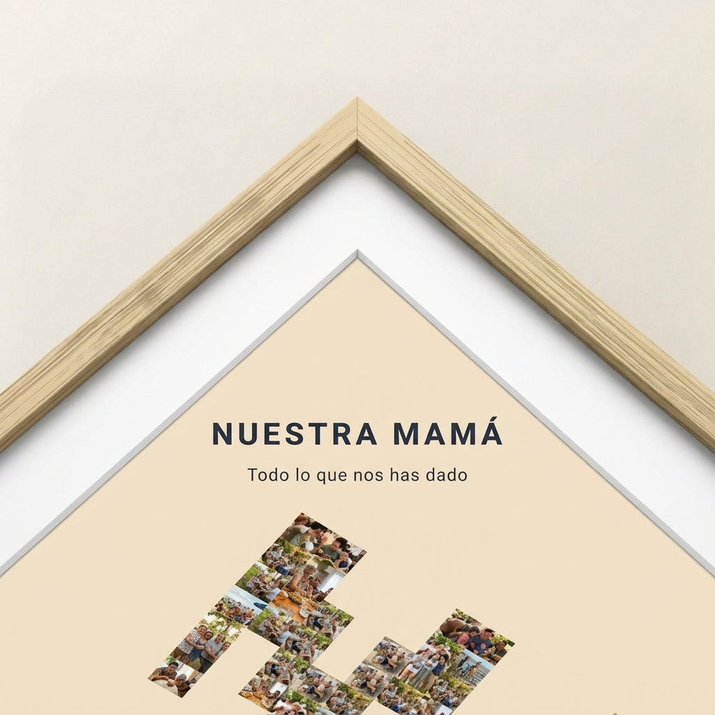 Detalle de la esquina en inglete del marco del cuadro nombre con fotos personalizado Día de la Madre