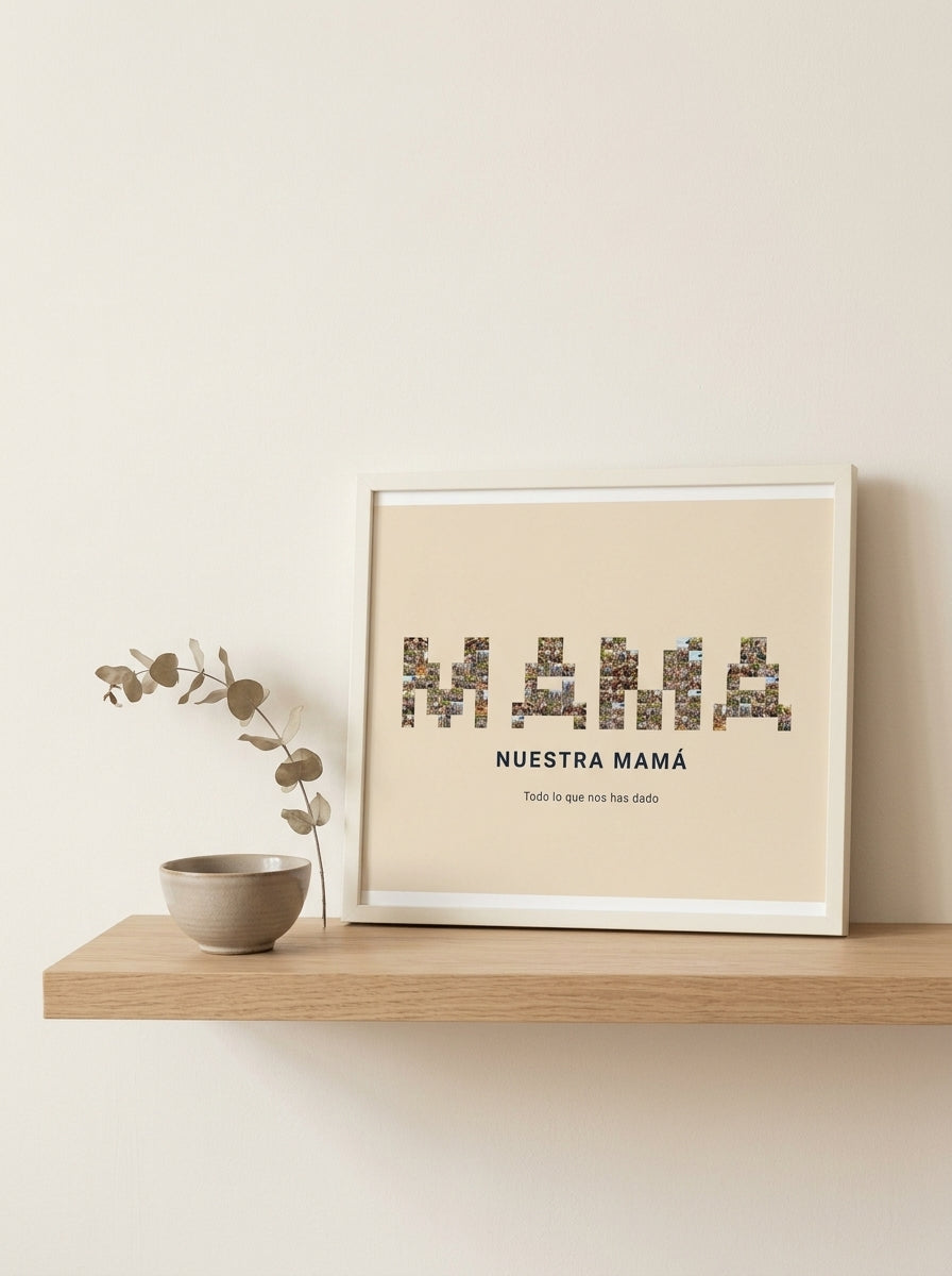 Cuadro nombre con fotos personalizado Día de la Madre apoyado en una balda de roble junto a una rama seca