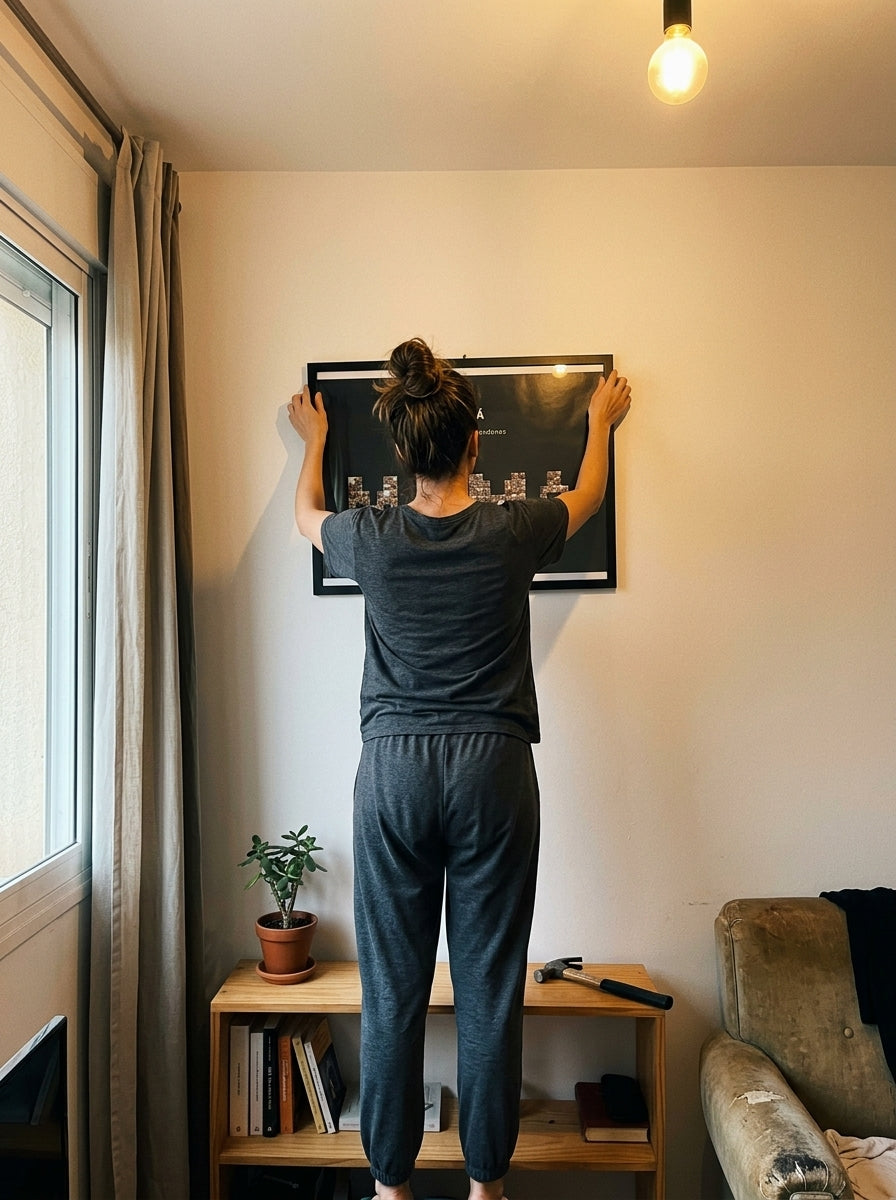 Colgando el cuadro nombre con fotos personalizado Día de la Madre en la pared de casa