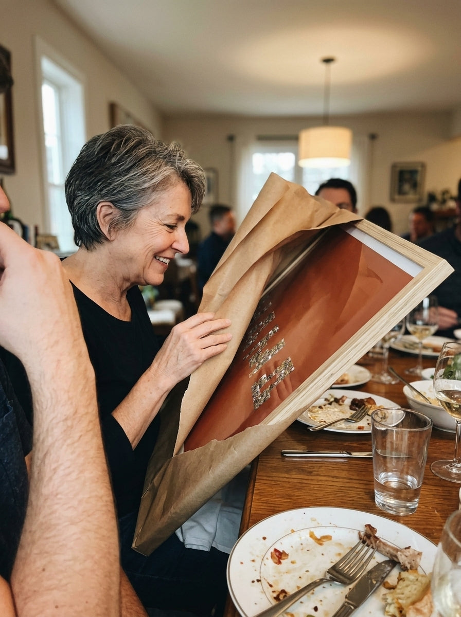 Abriendo el regalo del cuadro nombre con fotos personalizado Día de la Madre en una comida familiar