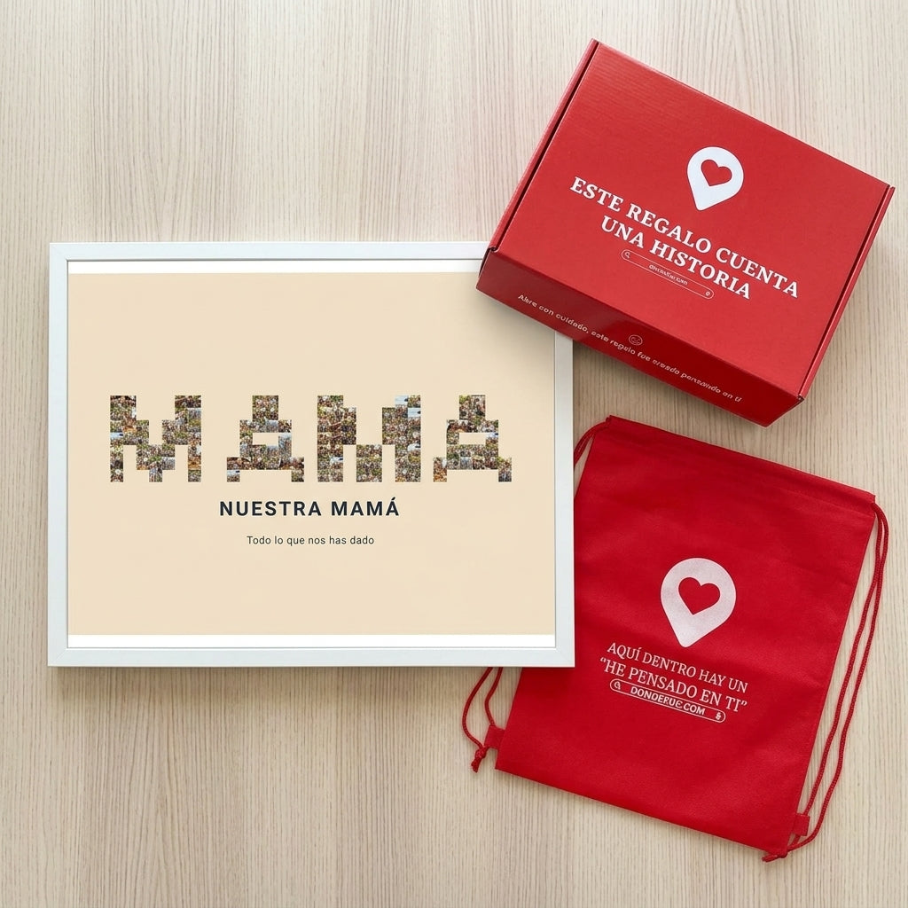Cuadro nombre con fotos personalizado Día de la Madre junto a la caja y la bolsa de regalo de Donde Fue
