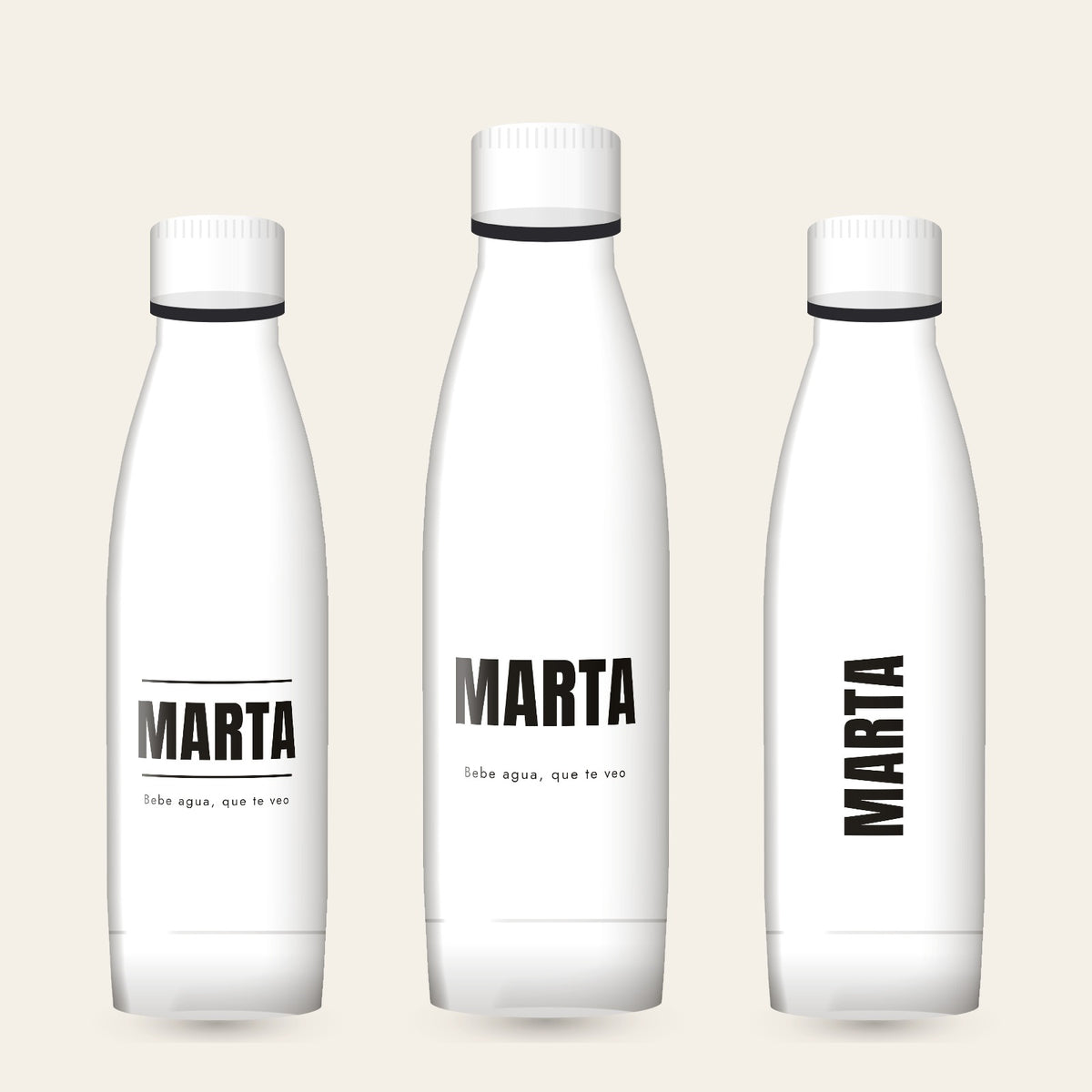 Tres botellas de 700 ml con el nombre MARTA: entre filetes, en grande y a lo largo