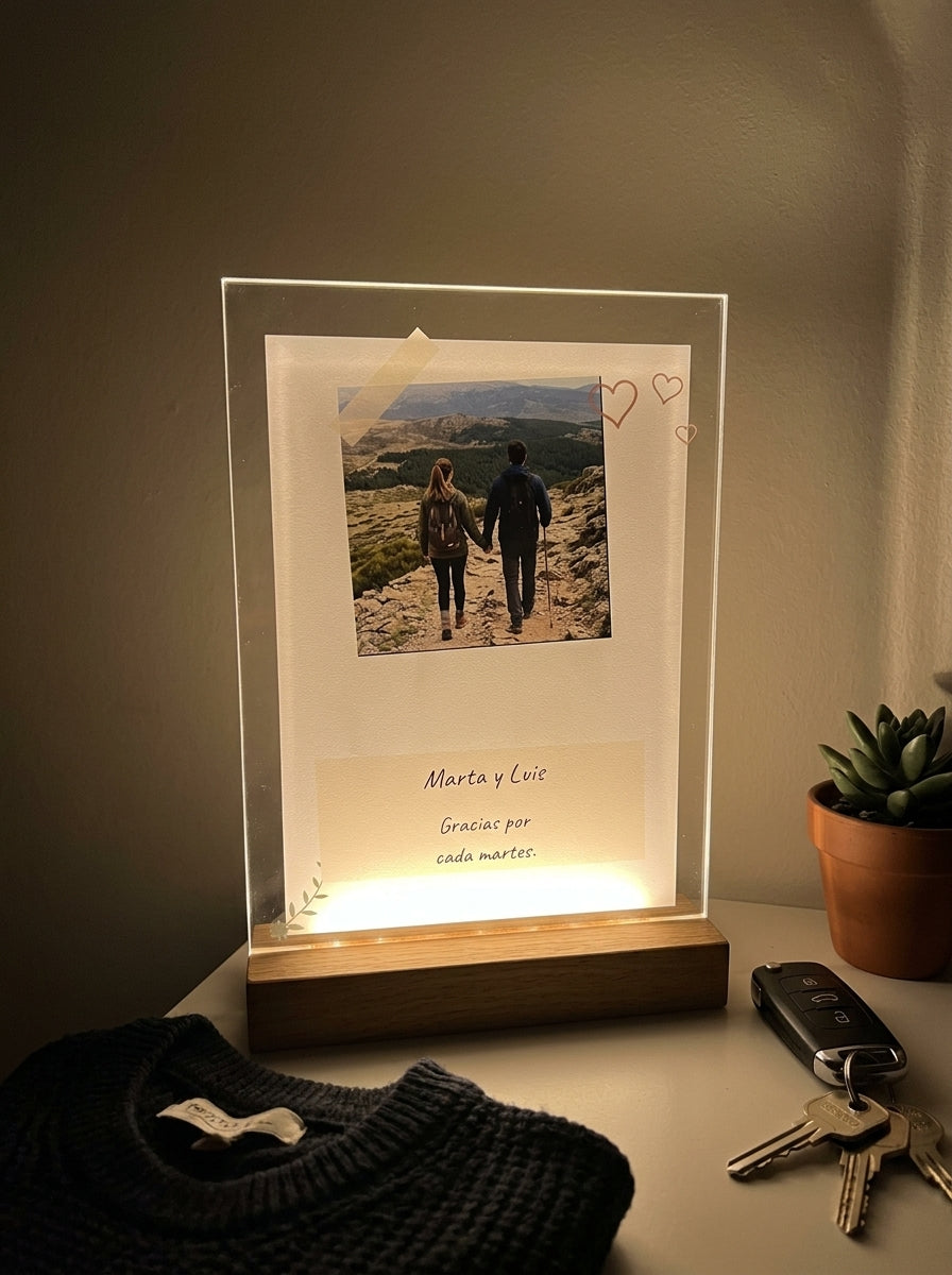 Placa de metacrilato personalizada con fotos y una nota encendida de noche sobre una cómoda