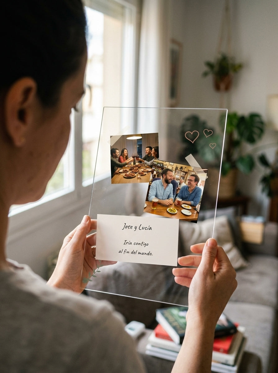 Sosteniendo la placa de metacrilato personalizada con fotos y una nota a contraluz junto a una ventana