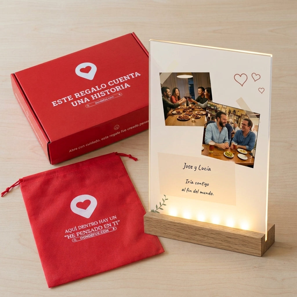 Placa de metacrilato personalizada con fotos y una nota junto a la caja y la bolsa de regalo de Donde Fue