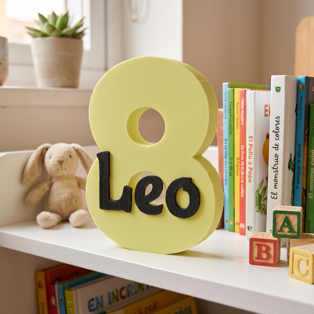 Número 8 amarillo impreso en 3D con el nombre Leo en la estantería de un dormitorio infantil