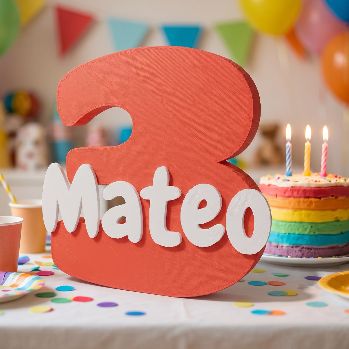 Número 3 rojo con el nombre Mateo junto a la tarta de cumpleaños infantil