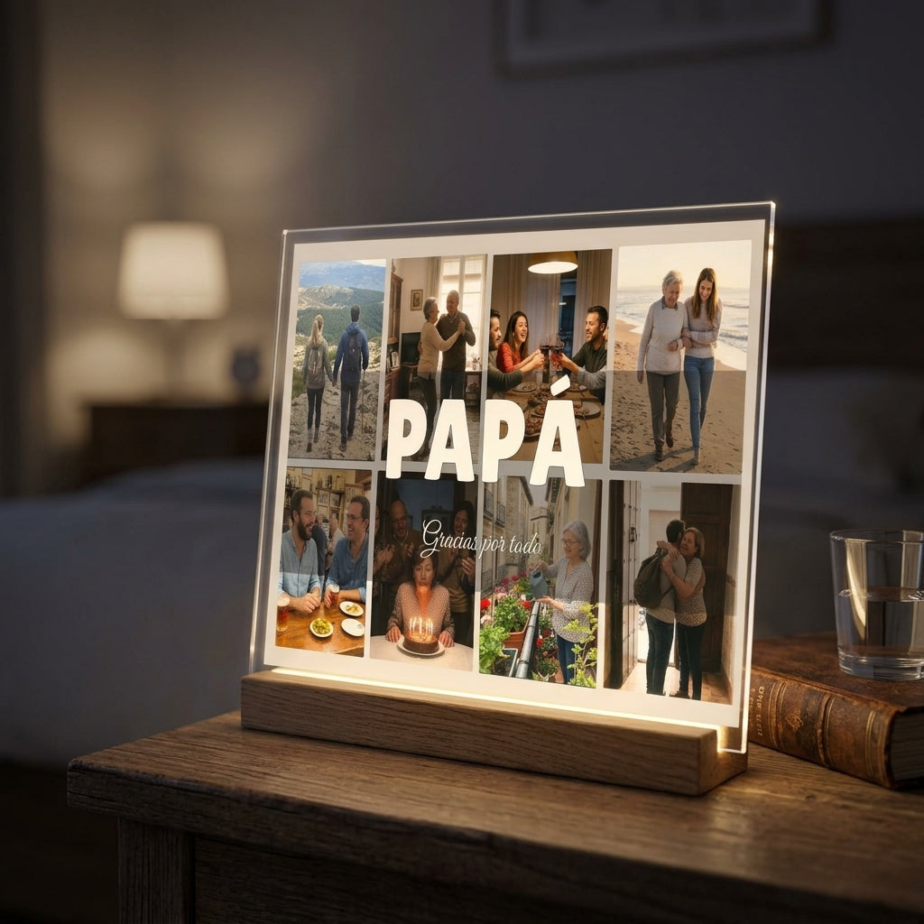 Placa de metacrilato personalizada con ocho fotos encendida sobre la base de madera con luz LED, en una mesilla de noche