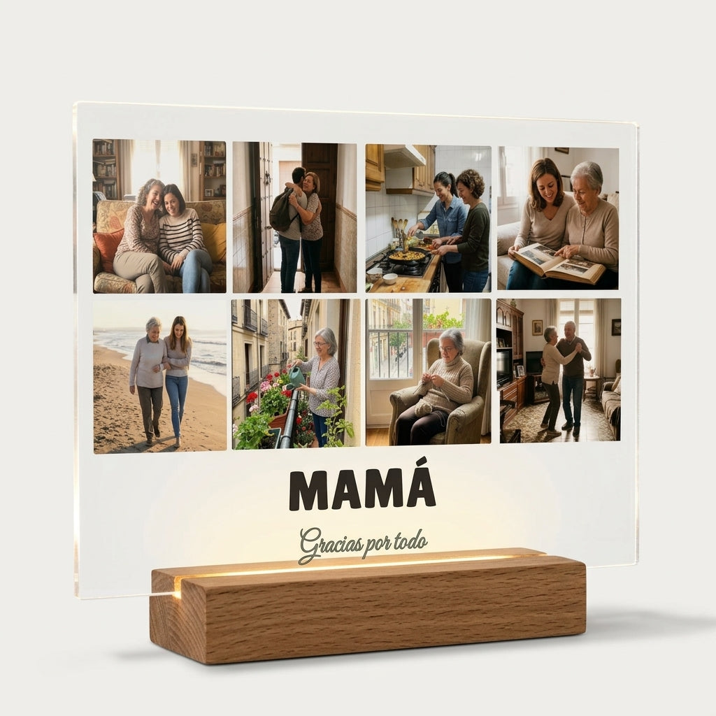 Placa de metacrilato personalizada con ocho fotos sobre su base de luz, foto de estudio sobre fondo neutro