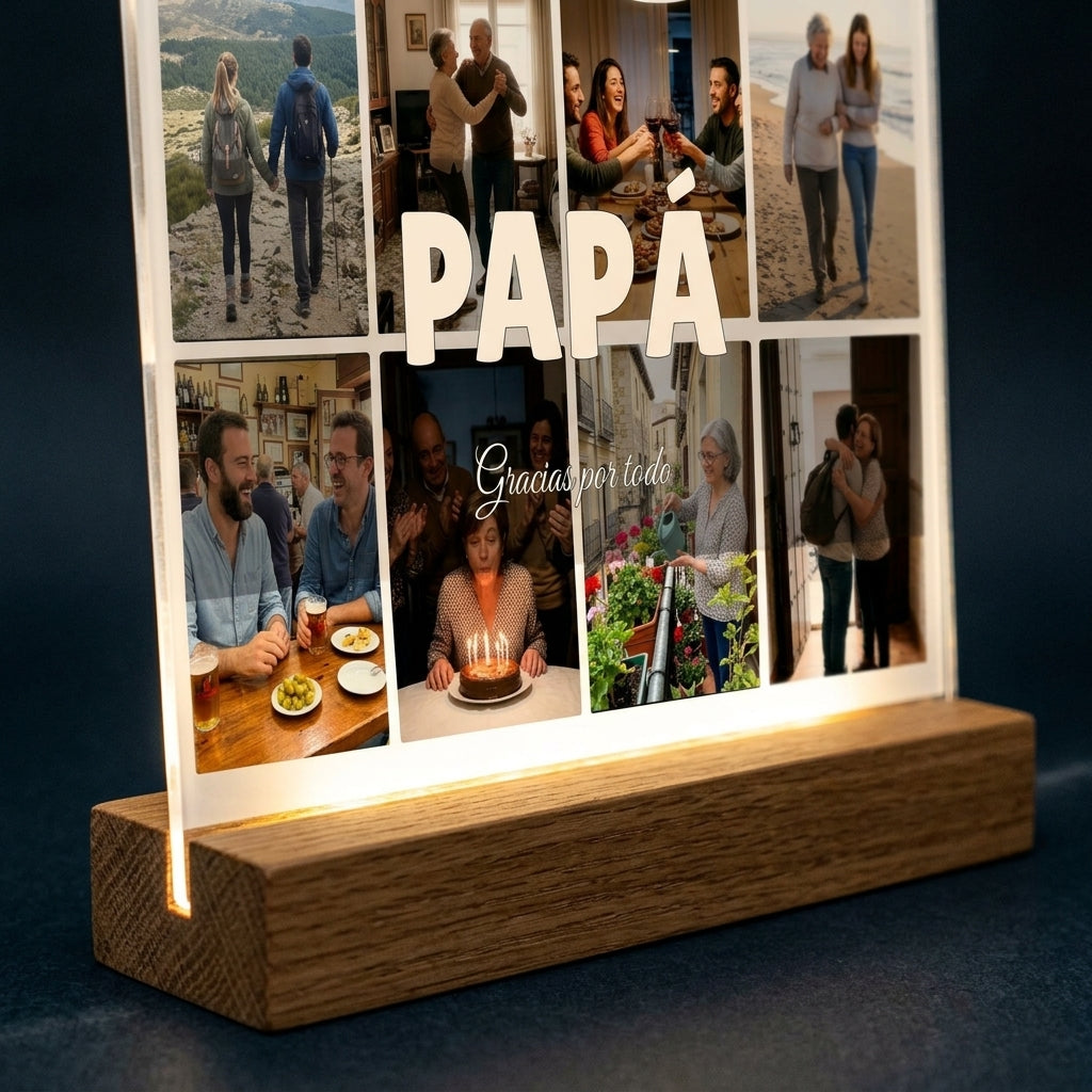 Detalle de la base de madera con luz LED de la placa de metacrilato personalizada con ocho fotos