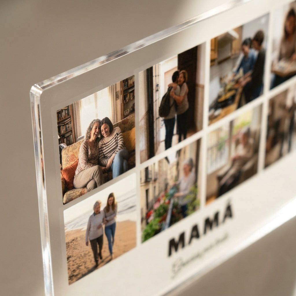 Detalle del canto pulido y de la impresión UV de la placa de metacrilato personalizada con ocho fotos