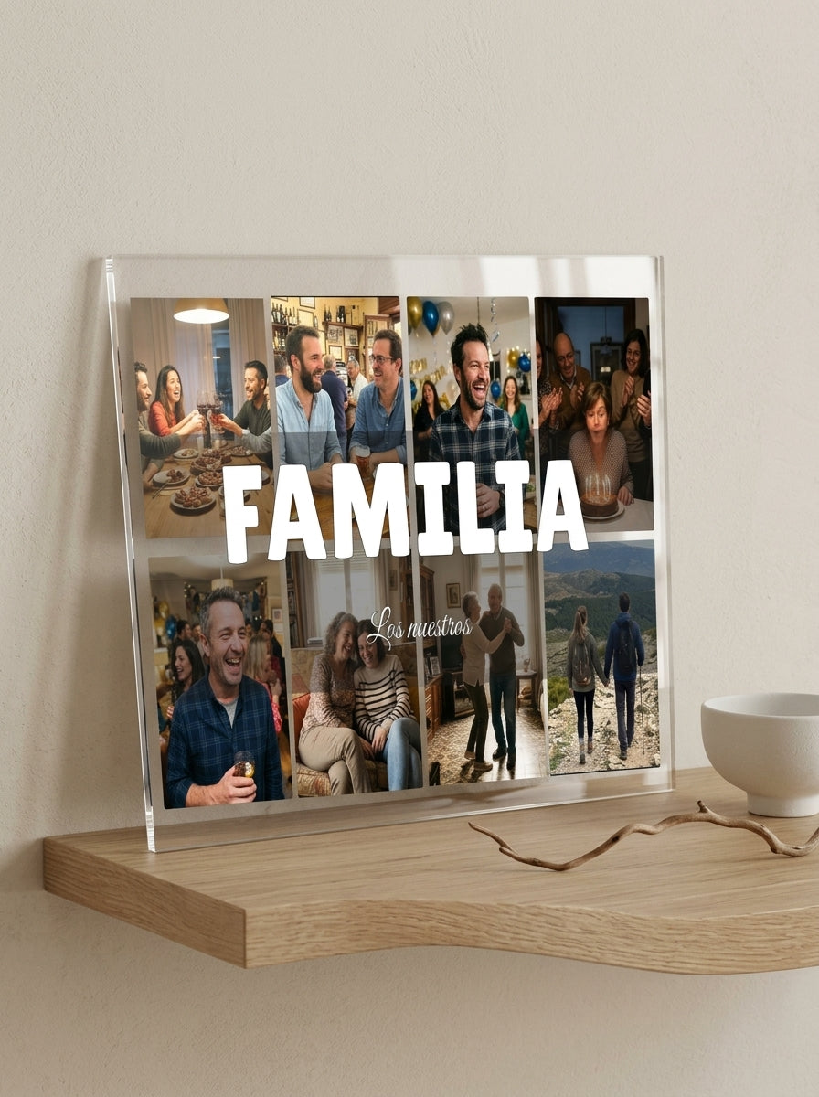Placa de metacrilato personalizada con ocho fotos apoyada en una balda de roble junto a una rama seca