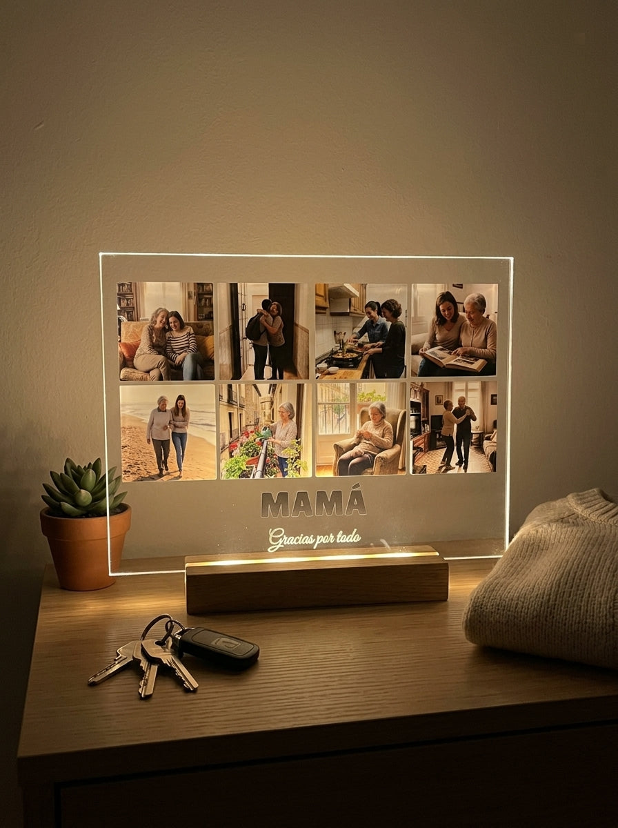 Placa de metacrilato personalizada con ocho fotos encendida de noche sobre una cómoda