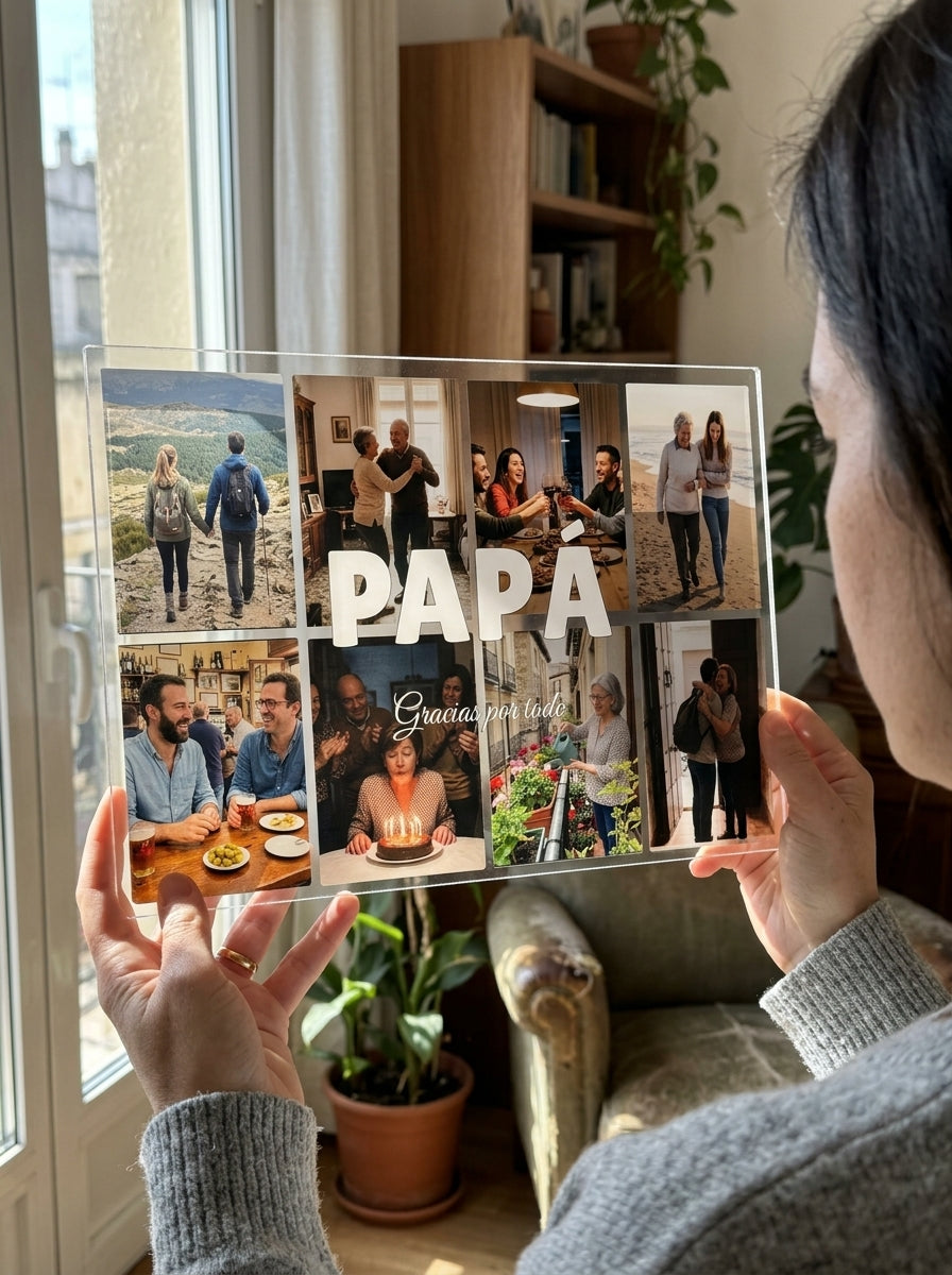 Sosteniendo la placa de metacrilato personalizada con ocho fotos a contraluz junto a una ventana